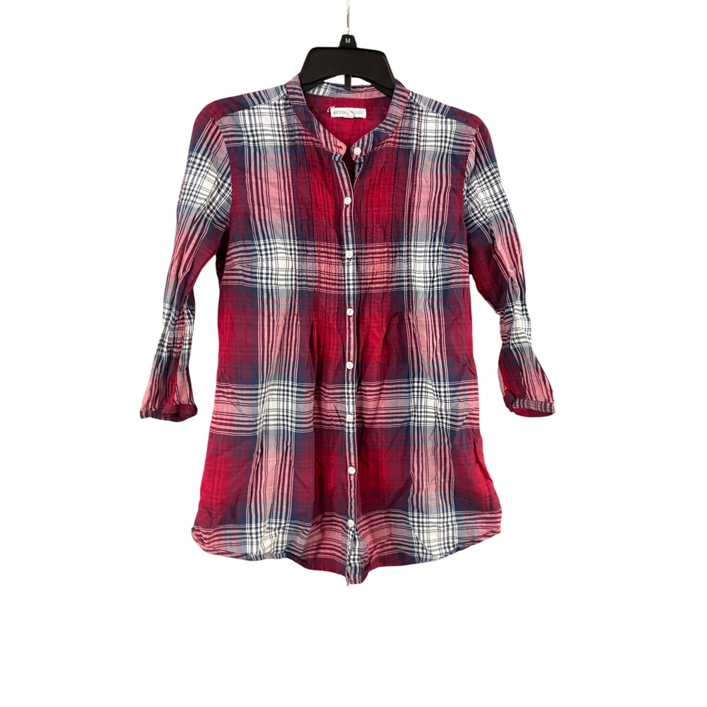 Aeropostale Womens Plaid Button Down Tunic Top Red Navy Blue White Large Pintuck